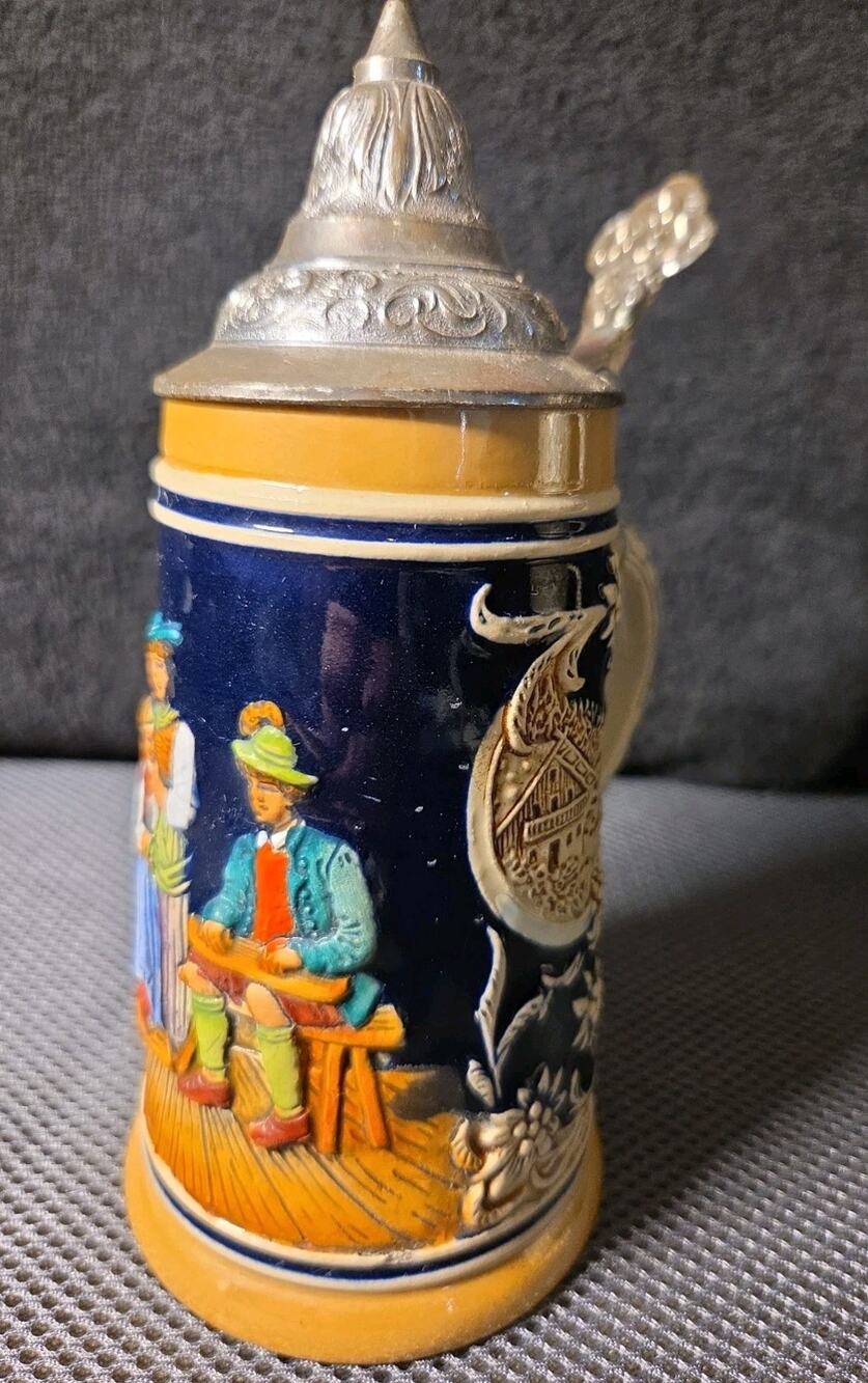 vintage German lidded beer stein 7" Tall Lady W/2 Gentleman Dark Blue Background